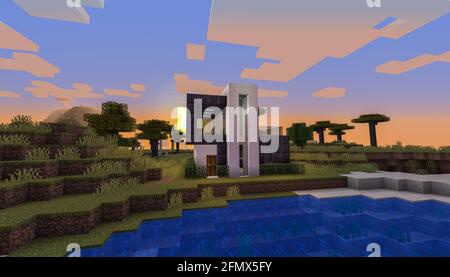 Minecraft Game – Mai 11 2021: Beispiel für modernes Haus-Design in Minecraft Game 3D-Illustration. Redaktionell Stockfoto