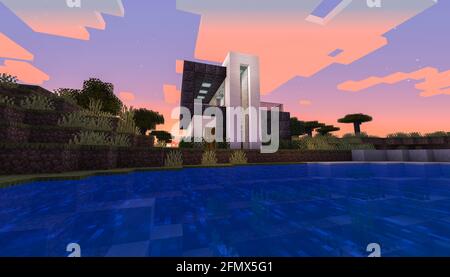 Minecraft Game – Mai 11 2021: Beispiel für modernes Haus-Design in Minecraft Game 3D-Illustration. Redaktionell Stockfoto