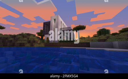 Minecraft Game – Mai 11 2021: Beispiel für modernes Haus-Design in Minecraft Game 3D-Illustration. Redaktionell Stockfoto