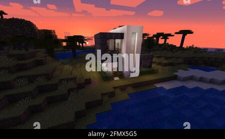 Minecraft Game – Mai 11 2021: Beispiel für modernes Haus-Design in Minecraft Game 3D-Illustration. Redaktionell Stockfoto