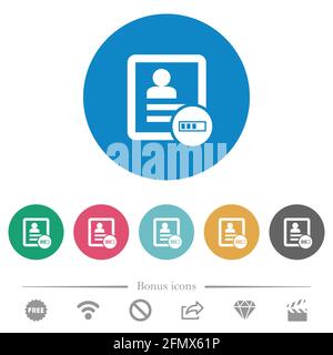 Flache weiße Symbole für Kontaktfortschritt auf runden farbigen Hintergründen. 6 Bonus-Symbole enthalten. Stock Vektor