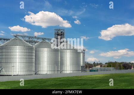 Szenischer Blick auf große, moderne Getreidespeicher-Getreidespeicher aus Stahl vor blauem Himmel. Agrarindustrie Ackerland ländliche Industrie Stockfoto