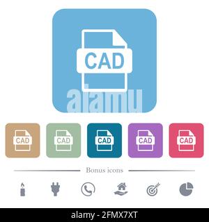 Weiße flache Symbole im CAD-Dateiformat auf abgerundeten quadratischen Hintergründen. 6 Bonus-Symbole enthalten Stock Vektor