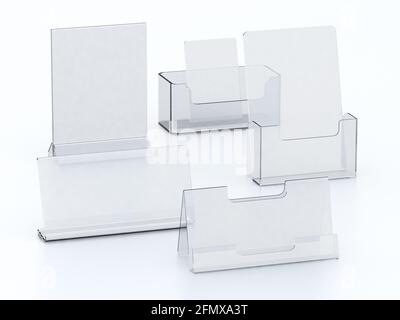 Acrylbroschüre aus Plexiglas, isoliert auf weißem Hintergrund. 3D-Illustration. Stockfoto