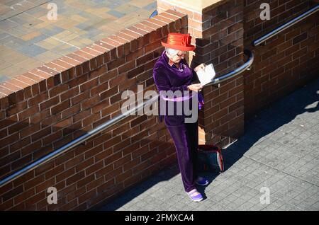 Eine ältere Dame, die in einem violetten Anzug und einer roten Mütze gekleidet ist, liest ein Buch, das sich an eine Backsteinmauer lehnt. Sydney, Australien. Stockfoto