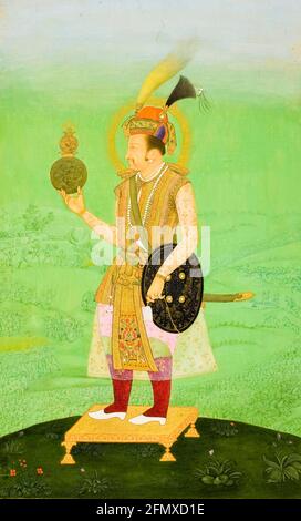 Kaiser Jahangir (1569-1627), 4. Moghul-Kaiser, hält eine Kugel, Porträt-Gemälde von Mughal Schule, 1795-1805 Stockfoto