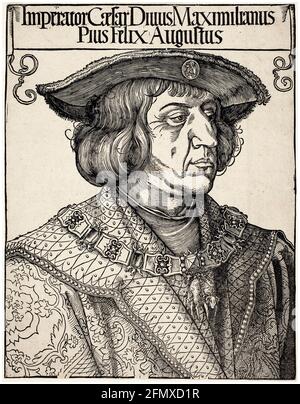 Maximilian I. (1459-1519), Kaiser des Heiligen Römischen Reiches 1508-1519, Holzschnitt von Albrecht Dürer, um 1518 Stockfoto