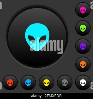Dunkle Drucktasten mit leuchtenden Farbsymbolen auf dem Alien-Kopf Dunkelgrauer Hintergrund Stock Vektor