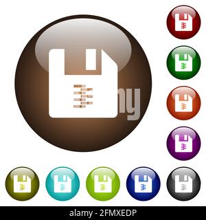 ZIP-Archivdatei weiße Symbole auf runden Glasknöpfen in Mehrere Farben Stock Vektor