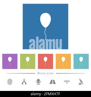 Flache weiße Symbole mit einem einzelnen Ballon auf quadratischem Hintergrund. 6 Bonus-Symbole enthalten. Stock Vektor