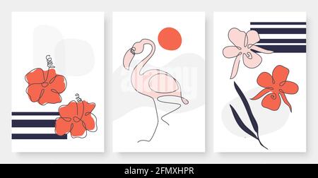 Tropische Blumen, Flamingo in kontinuierlichen Linie Kunst Zeichnung minimalistischen Stil Vektor Illustration set. Trendige handgezeichnete einfache Linien, minimale Pflanzen und Vögel aus den Tropen, Social-Media-Storys-Vorlage Stock Vektor