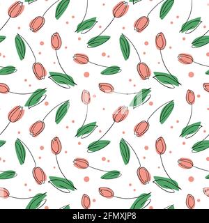 Muster mit Tulpen im Line-Art-Stil. Vektor. Modernes, schlichtes Blumenmuster. Stock Vektor