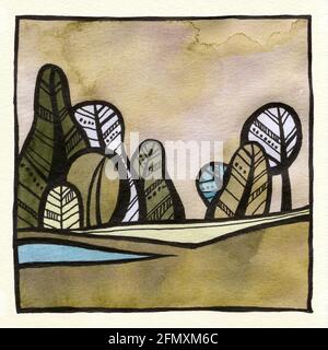 Abstrakte dekorative Landschaft Aquarell Illustration. Ruhiger Aquarell-Hintergrund mit Bäumen, Büschen und Hügeln. Aquarellmalerei mit schwarzer Farbkontur und Mustern. Poster, Hintergrund, Karte. Stockfoto