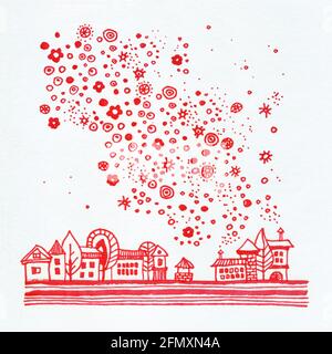 Abstrakte dekorative Landschaft Aquarell Illustration. Ruhiger Aquarell-Hintergrund mit Bäumen, Büschen und Hügeln. Aquarellmalerei mit schwarzer Farbkontur und Mustern. Poster, Hintergrund, Karte. Stockfoto