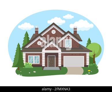 Cartoon Haus außen mit blauen bewölkten Himmel Front Home Architektur Konzept flache Design Stil. Vector Illustration der Fassade Gebäude Stock Vektor