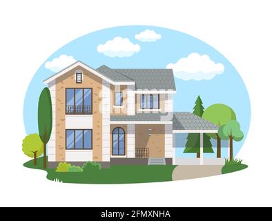 Cartoon Haus außen mit blauen bewölkten Himmel Front Home Architektur Konzept flache Design Stil. Vector Illustration der Fassade Gebäude Stock Vektor