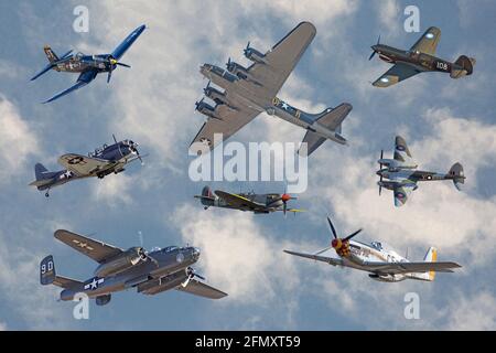 Eine Collage von alliierten Flugzeugen, die den Zweiten Weltkrieg gewonnen haben Fotos, die bei der jährlichen Warbirds Over Monroe Air Show in Monroe, North Carolina, aufgenommen wurden. Stockfoto