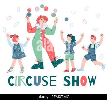 Zirkus-Show-Banner oder Postervorlage mit Clown-Jongleur, der glückliche Kinder vorführt. Kinder Zirkus Unterhaltung, Karikatur Vektor Illustration auf weiß Stock Vektor