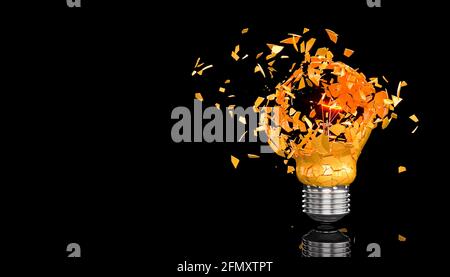 Glasexplosion einer Glühbirne auf Schwarz. 3d-Rendering. Stockfoto