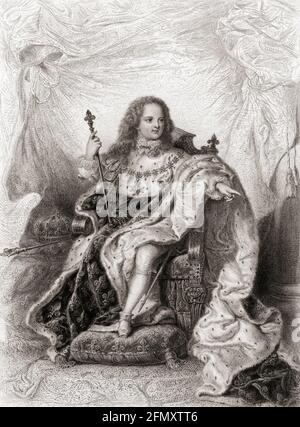 Der junge König Ludwig XV von Frankreich, 1710 - 1774. Bekannt als Louis der Geliebte, trat er im Alter von 5 Jahren dem französischen Thron bei und regierte bis zu seinem Tod 59 Jahre später im Alter von 64 Jahren. Nach einer Radierung von Jean Denis Nargeot nach einem Gemälde von Hyacinthe Rigaud. Stockfoto