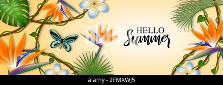 Sommerbanner mit exotischen Blättern und Blumen Stock Vektor