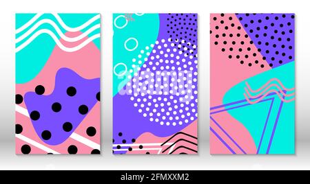 Satz von Doodle Spaß Muster. Hippster Stil der 80er bis 90er Jahre. Memphis Elements. Flüssige rosa, blaue, gelbe Farben. Vektor. Stock Vektor