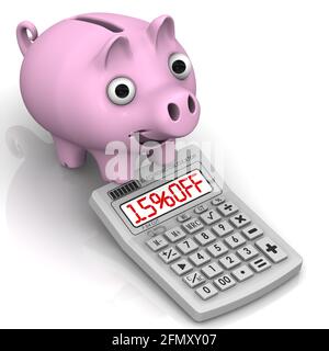 Rabatt von fünfzehn Prozent. Fröhliches Sparschwein und ein Rechner mit dem Text 15% RABATT. Finanzkonzept. 3D-Illustration Stockfoto