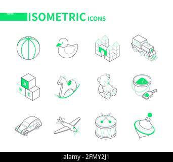 Spielzeug und Freizeitspiele für Kinder - moderne Linie isometrische Symbole. Aktivitäten für Kinder Konzept. Bunte Objekte, Ball, abc Block, Schloss, Teddybär, Stock Vektor