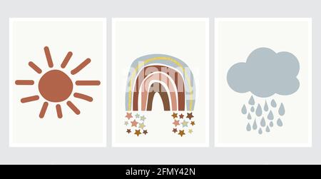 Niedliche Poster im skandinavischen Stil mit Regenbogen, Wolke und Sonne. Kindliche Zeichnung für Kinderzimmer-Design. Spaß Doodle Regenbogen. Handgezeichnete Abbildung Stock Vektor