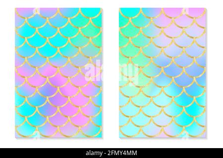 Satz von holographischen Regenbogen Hintergrund. Goldschuppen der Meerjungfrau. Hologrammdruck für Einladungskarte. Vektor. Stock Vektor
