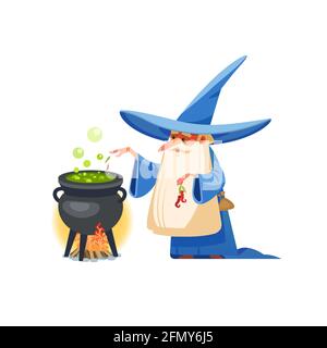 Assistent. Geheimnisvolle männliche Magier in Robe Schreibweise Oldster merlin Vektor Cartoon-Figuren. Zauberer Charakter in Kostüm, Zauberer, Hexerei Stock Vektor