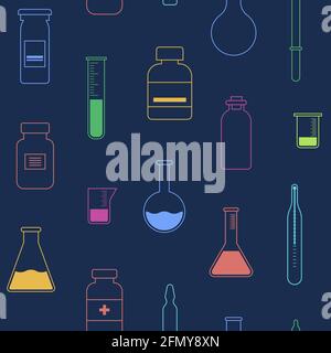 Nahtloses Muster mit Probenflaschen, Reagenzgläsern, Pipette, Ampulle, Thermometer. Linearer Stil. Umrisse Symbole, isoliert auf blauem Hintergrund. Medizinische Gegenstände. Vektor Stock Vektor