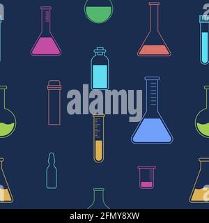 Nahtloses Muster mit Fläschchen, Reagenzgläsern, Ampulle. Symbole, isoliert auf blauem Hintergrund. Medizinische Gegenstände. Linearer Stil. Vektorgrafik. Stock Vektor