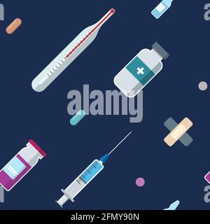 Nahtloses Muster mit medizinischen Symbolen. Thermometer, Tabletten, Pillen, Spritze, Glasampulle, Medizinischer Putz, Fläschchen. Vektorgrafik. Stock Vektor