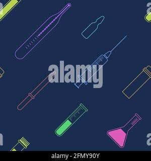 Nahtloses Muster mit medizinischen Umrisssymbolen. Krankenhaustafeln. Thermometer, Reagenzgläser, Pipette, Spritze, Glasampulle. Linearer Stil. Vektorfarbe. Stock Vektor