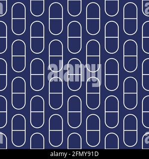 Vektor nahtloses Muster mit weißen Pillen, Tabletten, Kapseln, isoliert auf blauem Hintergrund. Medizinische Präparate. Geradliniges Design. Farbe. Stock Vektor