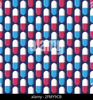Vektor nahtloses Muster mit weißen, roten und blauen Pillen, Tabletten, isoliert auf dunkelblauem Hintergrund. Kapseln. Medizinische Präparate. Flaches Design. Stock Vektor