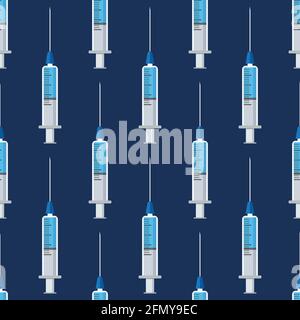 Nahtloses Muster von medizinischen Spritzen mit Medikamenten, Medikamenten, isoliert auf blauem Hintergrund. Farbabbildung. Stock Vektor