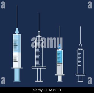 Symbolsatz für medizinische Spritze. Spritzen, gefüllt mit einer Impfstofflösung. Abbildung von medizinischen Spritzen mit Nadeln in flachen und linearen Ausführungen. Stock Vektor