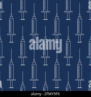 Nahtloses Muster weißer medizinischer Spritzen, isoliert auf blauem Hintergrund. Linearer Stil. Gliederungssymbole. Farbabbildung. Stock Vektor