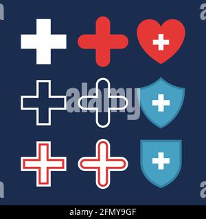 Set aus plus oder medizinischen Kreuzsymbolen, Herz mit Kreuz, Schilde mit Kreuz. Flaches Apothekendesign. Medizin, Symbole für das Gesundheitswesen, isoliert. Stock Vektor