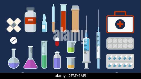 Set von medizinischen Geräten, Apothekenartikel. Flache Stilikonen, isoliert auf dunklem Hintergrund. Spritzen, Gips, Reagenzgläser, Pillen, Ampulle. Stock Vektor