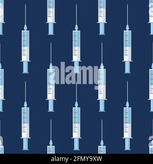 Nahtloses Muster von medizinischen Spritzen mit Medikamenten, Medikamenten, isoliert auf blauem Hintergrund. Farbabbildung. Stock Vektor