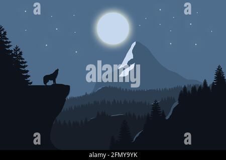 Silhouette des einsamen Wolfes, der in einer sternenklaren Nacht den Vollmond anheult. Hintergrund der Wildtierszene Stockfoto