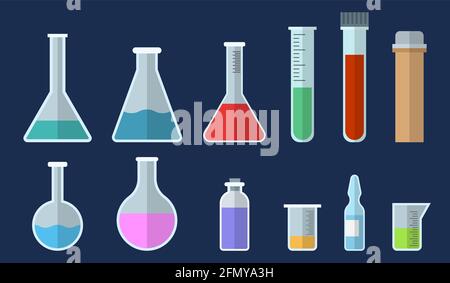 Set von medizinischen Geräten, Apothekenartikel. Flache Stilikonen, isoliert auf dunklem Hintergrund. Reagenzgläser, Fläschchen, Ampulle. Vektorgrafik. Stock Vektor