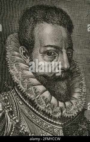 Alexander Farnese (1545-1592). Italienischer Aristokrat und Militärangehöriger im Dienste Spaniens. Hochformat. Gravur, Detail. Flanderenkriege. Ausgabe erschienen in Antwerpen, 1748. Stockfoto