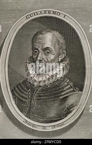 Wilhelm von Oranien-Nassau (1533-1584) nannte die schweigende Urne. Als Mitglied des Hauses Nassau wurde er 1544 Prinz von Oranien. Trat der Rebellion gegen die Herrschaft des Habsburger Königs Philipp II. Von Spanien bei. Hochformat. Gravur. Flanderenkriege. Ausgabe erschienen in Antwerpen, 1748. Stockfoto