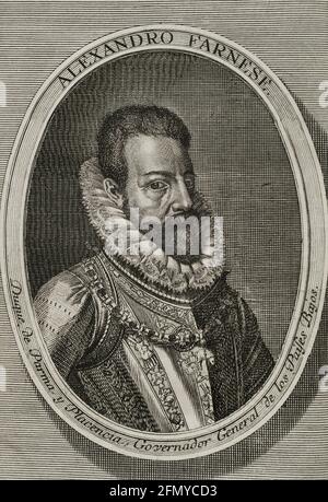 Alexander Farnese (1545-1592). Italienischer Aristokrat und Militärangehöriger im Dienste Spaniens. Gravur. Flanderenkriege. Ausgabe erschienen in Antwerpen, 1748. Stockfoto