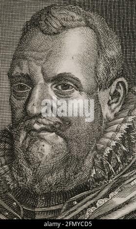 William Louis (1560-1620). Graf von Nassau-Dillenburg. Der älteste Sohn von Johann VI. Von Nassau-Dillenburg. Stadtholder von Friesland, Drenthe und Groningen. Er kommandierte das Porträt der niederländischen Bundesarmee. Gravur, Detail. Flanderenkriege. Ausgabe erschienen in Antwerpen, 1748. Stockfoto