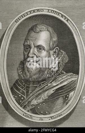 William Louis (1560-1620). Graf von Nassau-Dillenburg. Der älteste Sohn von Johann VI. Von Nassau-Dillenburg. Stadtholder von Friesland, Drenthe und Groningen. Er kommandierte das Porträt der niederländischen Bundesarmee. Gravur. Flanderenkriege. Ausgabe erschienen in Antwerpen, 1748. Stockfoto